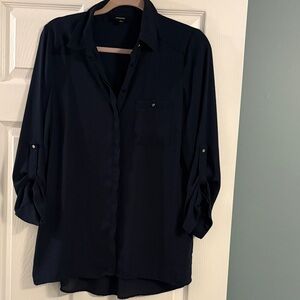 Navy Button-Up Roll-Sleeve Women's Shirt